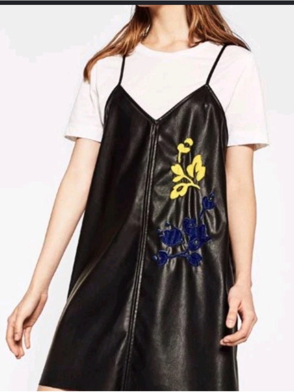 Black Faux Leather Slip Dress with Yellow & Blue Floral Embroidery